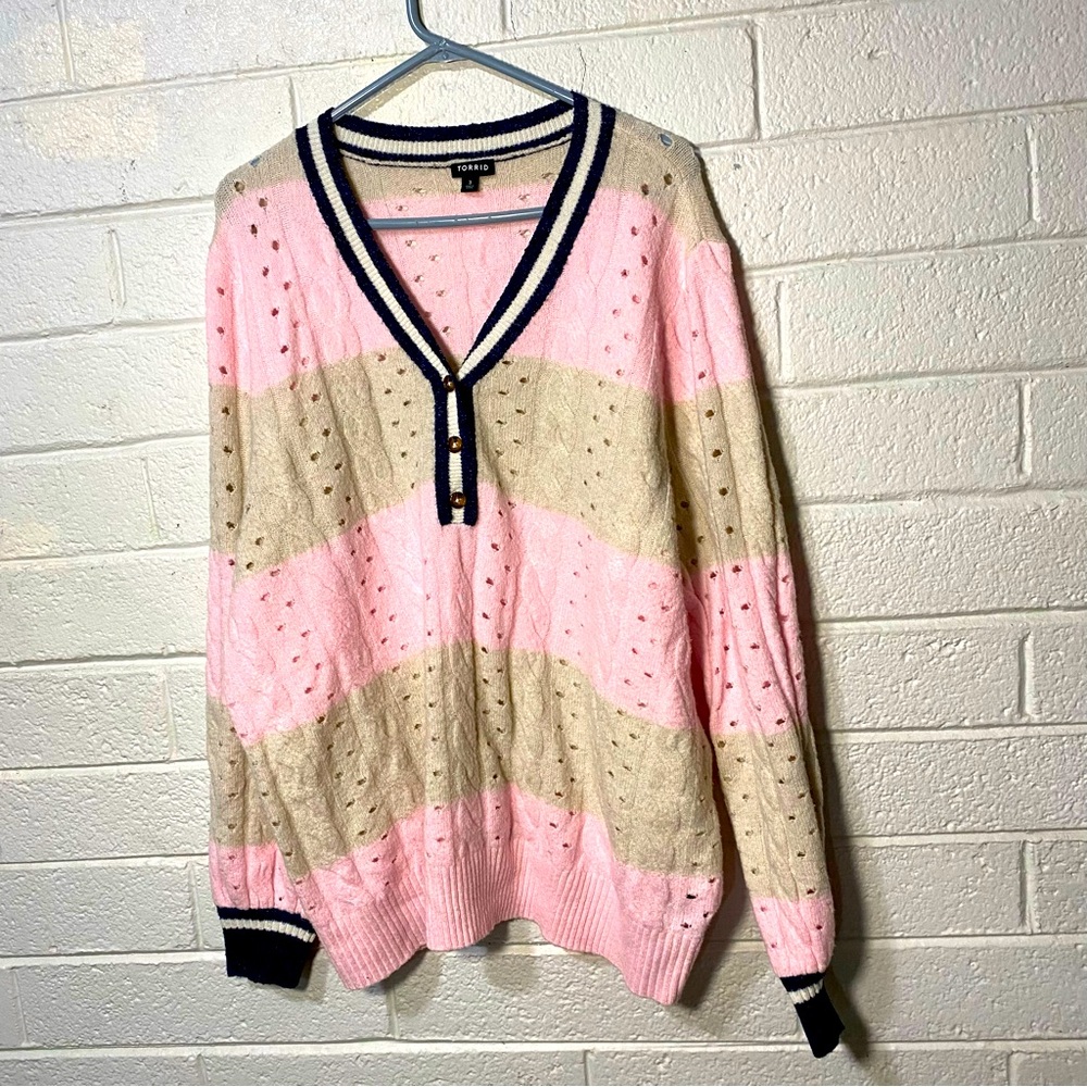 Plus Sz 3 3X Torrid Soft Preppy Pullover Henley Striped Sweater Pink Navy School